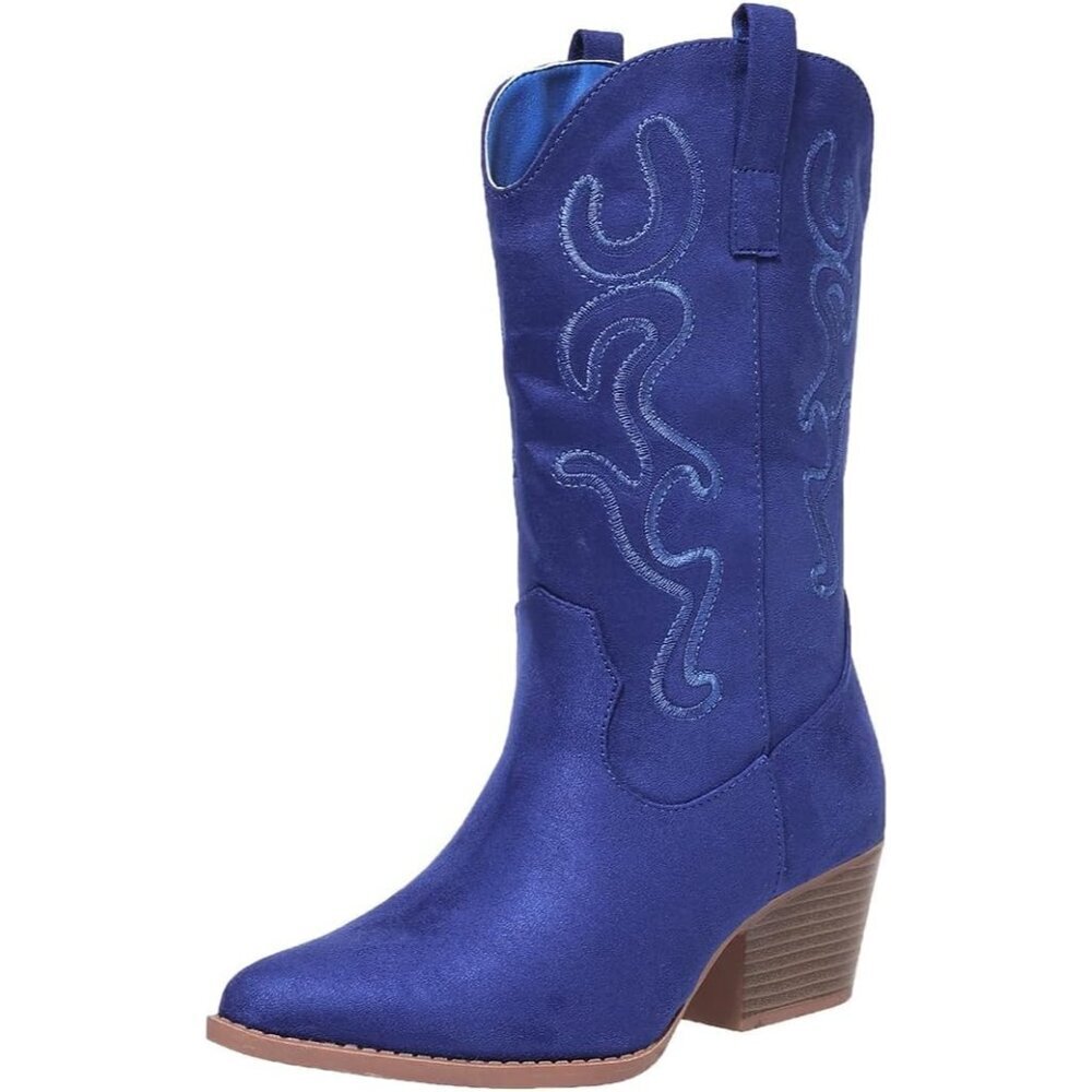 Women's Royal Blue Cowgirl Mid Calf Western Embroidery Stitched Chunky Heel Boot